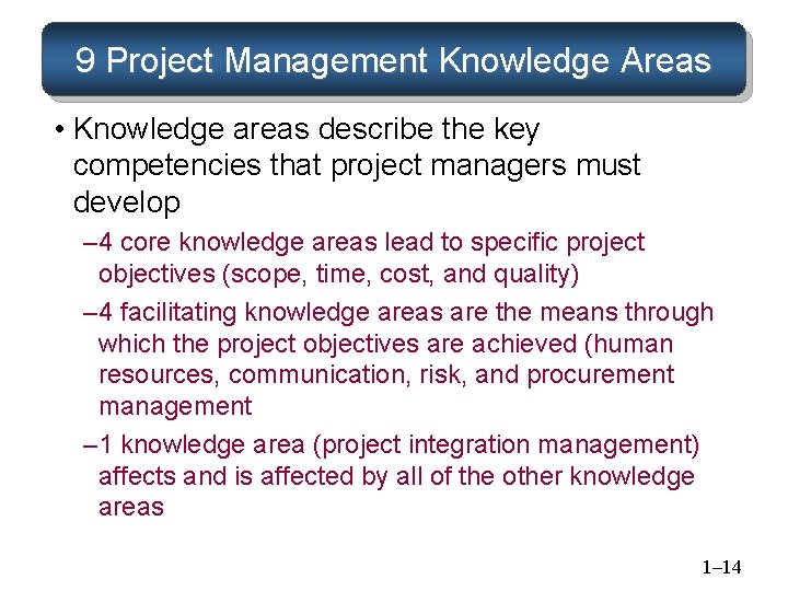 9 Project Management Knowledge Areas • Knowledge areas describe the key competencies that project 9 Project Management Knowledge Areas • Knowledge areas describe the key competencies that project