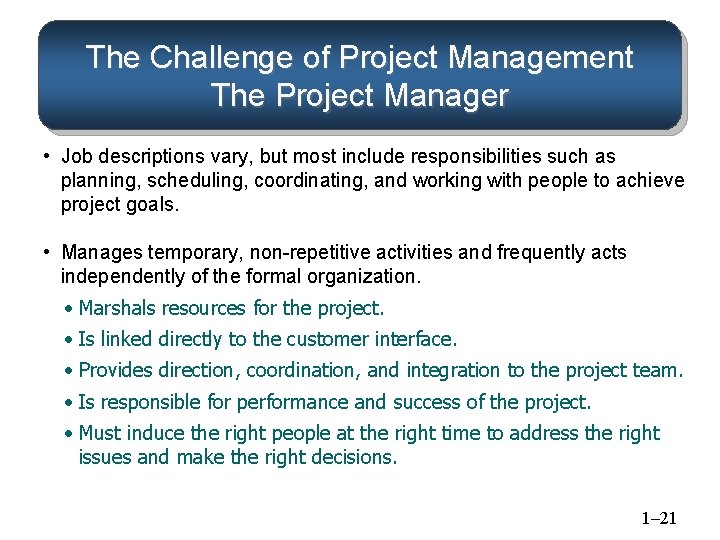 The Challenge of Project Management The Project Manager • Job descriptions vary, but most The Challenge of Project Management The Project Manager • Job descriptions vary, but most