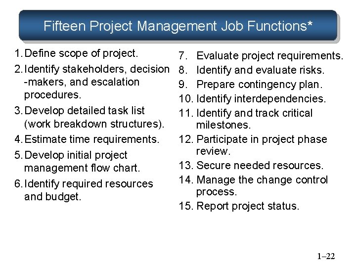 Fifteen Project Management Job Functions* 1. Define scope of project. 2. Identify stakeholders, decision Fifteen Project Management Job Functions* 1. Define scope of project. 2. Identify stakeholders, decision