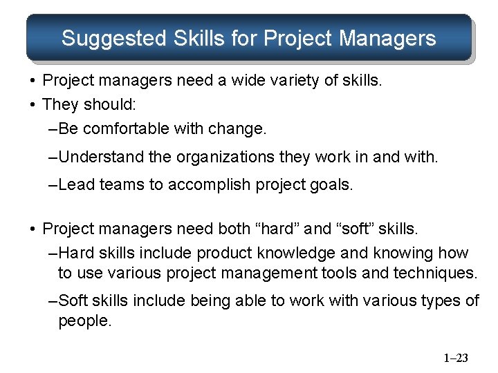 Suggested Skills for Project Managers • Project managers need a wide variety of skills. Suggested Skills for Project Managers • Project managers need a wide variety of skills.