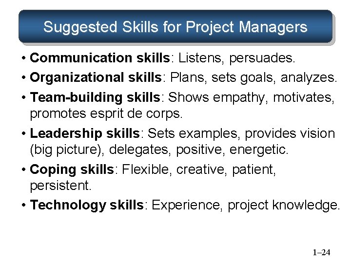 Suggested Skills for Project Managers • Communication skills: Listens, persuades. • Organizational skills: Plans, Suggested Skills for Project Managers • Communication skills: Listens, persuades. • Organizational skills: Plans,
