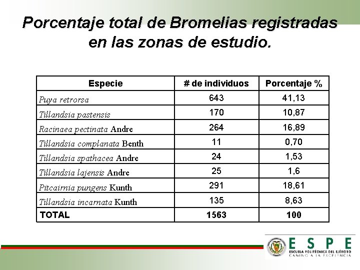 Porcentaje total de Bromelias registradas en las zonas de estudio. Especie # de individuos