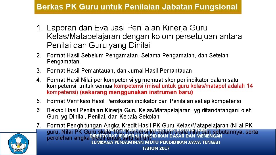 Berkas PK Guru untuk Penilaian Jabatan Fungsional 1. Laporan dan Evaluasi Penilaian Kinerja Guru