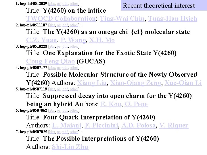 1. hep-lat/0512029 [abs, pdf, other] : Recent theoretical interest Title: Y(4260) on the lattice