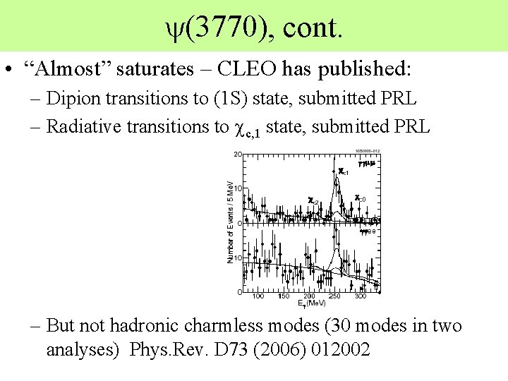 y(3770), cont. • “Almost” saturates – CLEO has published: – Dipion transitions to (1