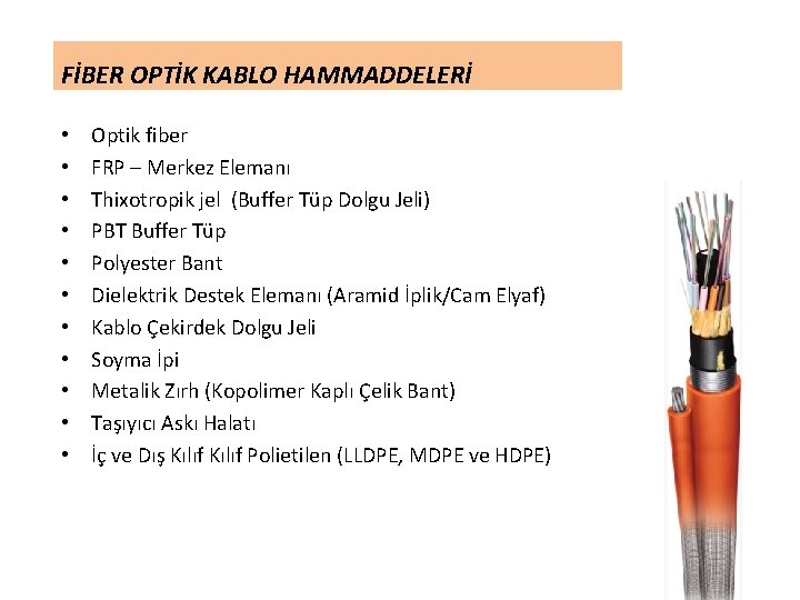 FİBER OPTİK KABLO HAMMADDELERİ • • • Optik fiber FRP – Merkez Elemanı Thixotropik