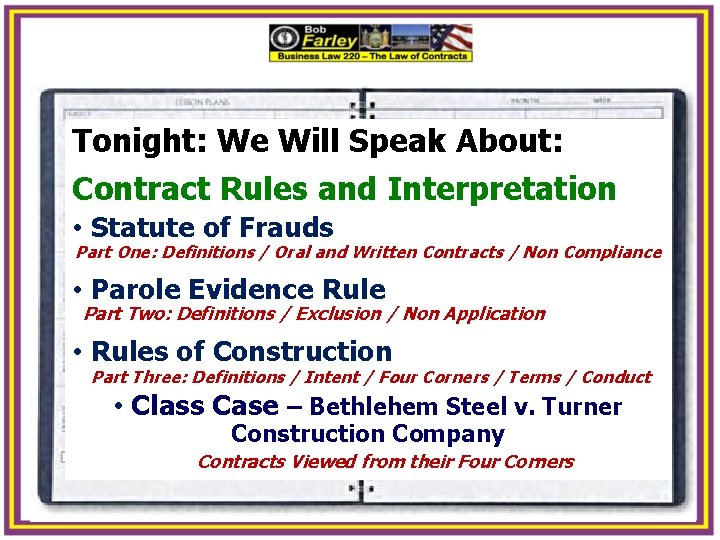 Tonight: We Will Speak About: Contract Rules and Interpretation • Statute of Frauds Part