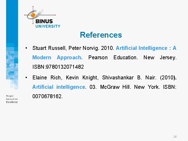 References • Stuart Russell, Peter Norvig. 2010. Artificial Intelligence : A Modern Approach. Pearson