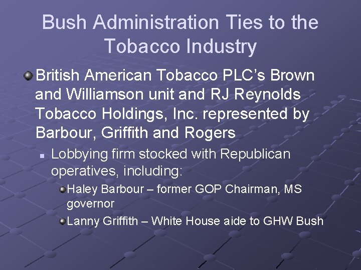 Bush Administration Ties to the Tobacco Industry British American Tobacco PLC’s Brown and Williamson