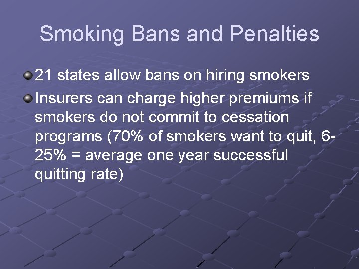 Smoking Bans and Penalties 21 states allow bans on hiring smokers Insurers can charge