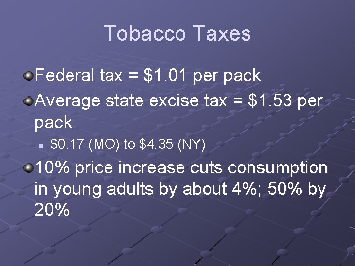 Tobacco Taxes Federal tax = $1. 01 per pack Average state excise tax =