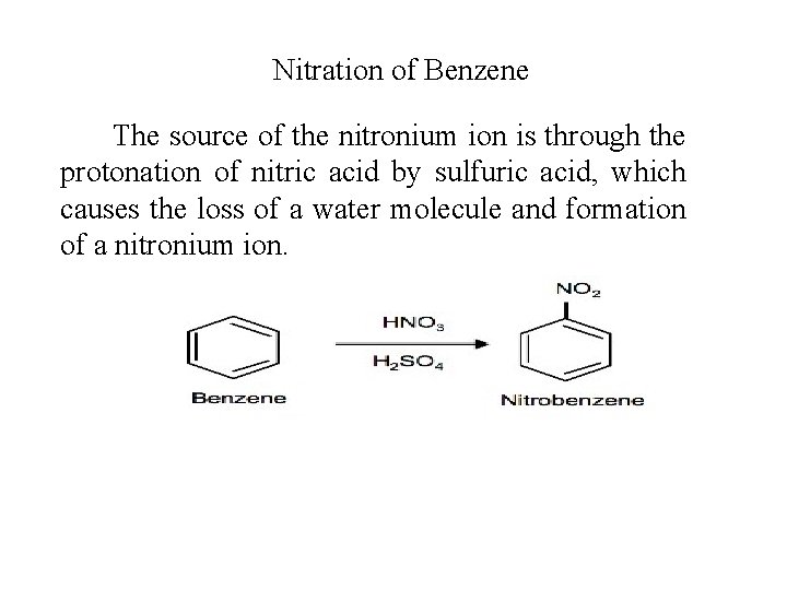 Nitration of Benzene The source of the nitronium ion is through the protonation of