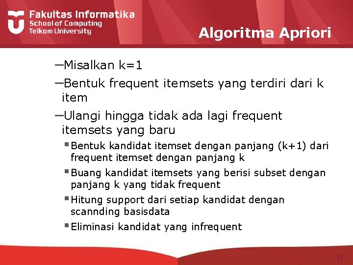 Algoritma Apriori –Misalkan k=1 –Bentuk frequent itemsets yang terdiri dari k item –Ulangi hingga