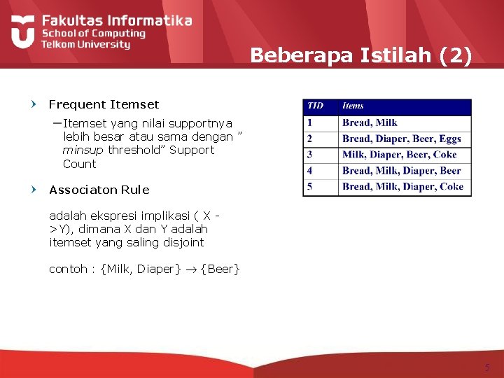 Beberapa Istilah (2) Frequent Itemset – Itemset yang nilai supportnya lebih besar atau sama