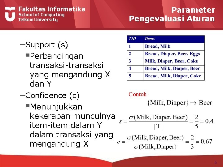 Parameter Pengevaluasi Aturan –Support (s) §Perbandingan transaksi-transaksi yang mengandung X dan Y –Confidence (c)