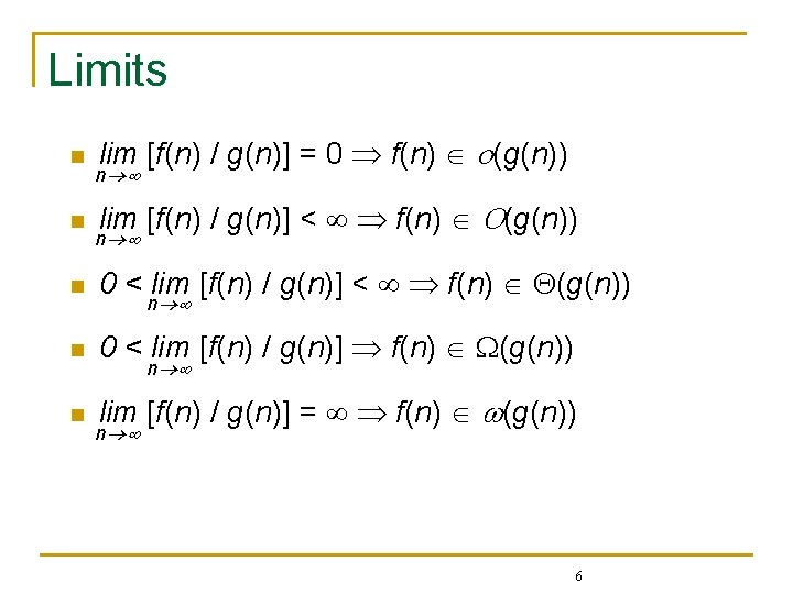 Limits n n lim [f(n) / g(n)] = 0 f(n) o(g(n)) n lim [f(n)
