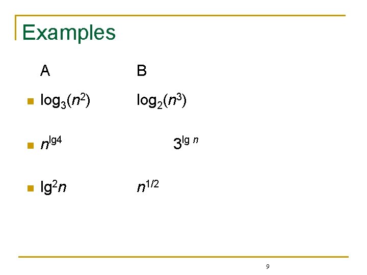 Examples A B n log 3(n 2) log 2(n 3) n nlg 4 n