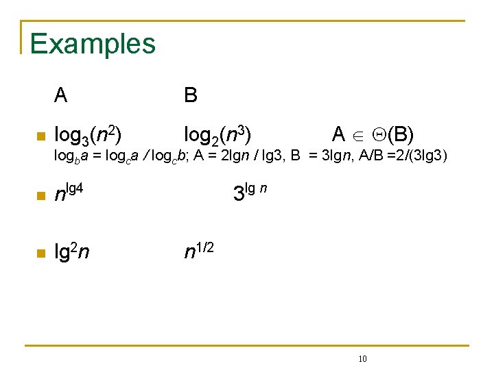 Examples n A B log 3(n 2) log 2(n 3) A (B) logba =