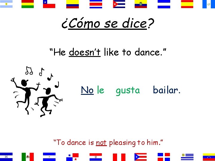 ¿Cómo se dice? “He doesn’t like to dance. ” No le gusta bailar. “To