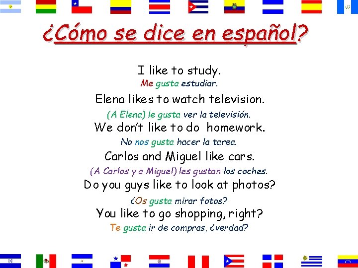 ¿Cómo se dice en español? I like to study. Me gusta estudiar. Elena likes