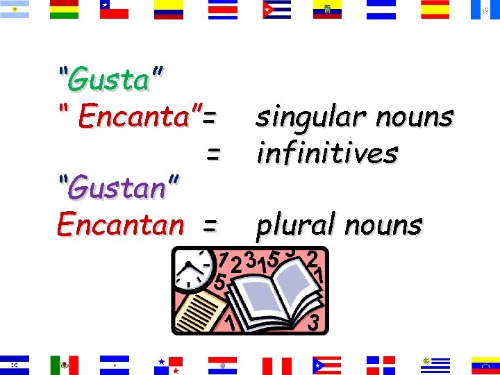 “Gusta” “ Encanta”= = “Gustan” Encantan = singular nouns infinitives plural nouns 