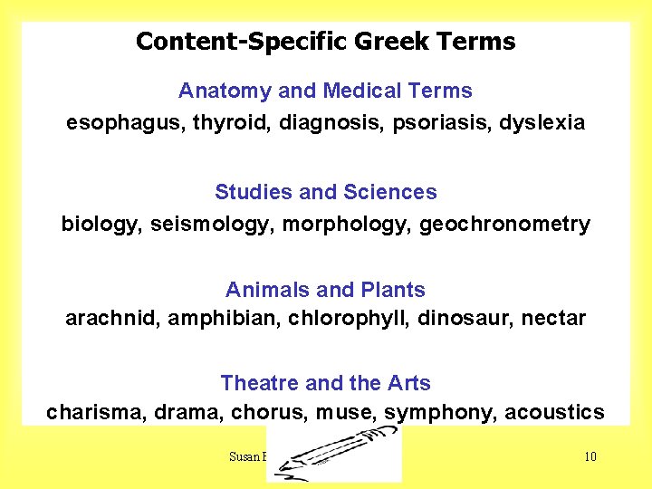 Content-Specific Greek Terms Anatomy and Medical Terms esophagus, thyroid, diagnosis, psoriasis, dyslexia Studies and