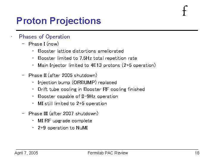 Proton Projections • f Phases of Operation – Phase I (now) • Booster lattice