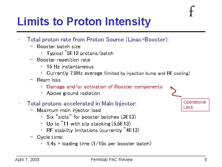 Limits to Proton Intensity • f Total proton rate from Proton Source (Linac+Booster): –
