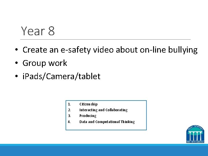 Year 8 • Create an e-safety video about on-line bullying • Group work •