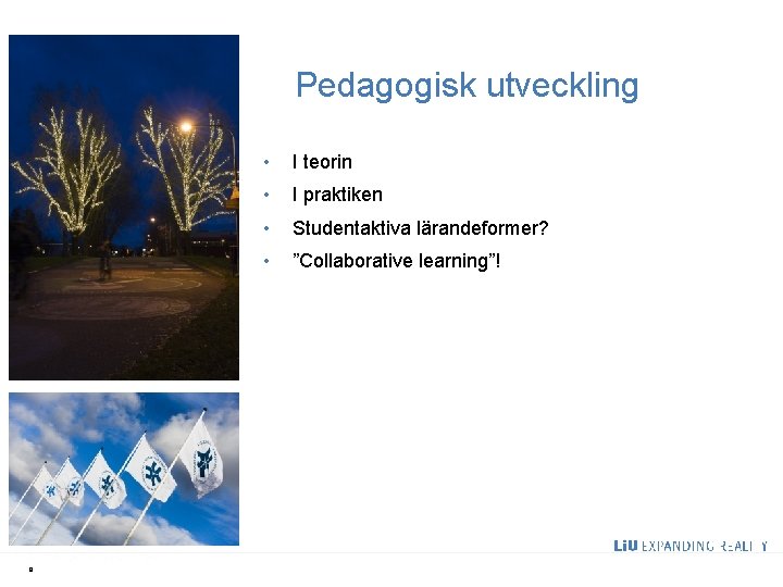 Pedagogisk utveckling 9 • I teorin • I praktiken • Studentaktiva lärandeformer? • ”Collaborative