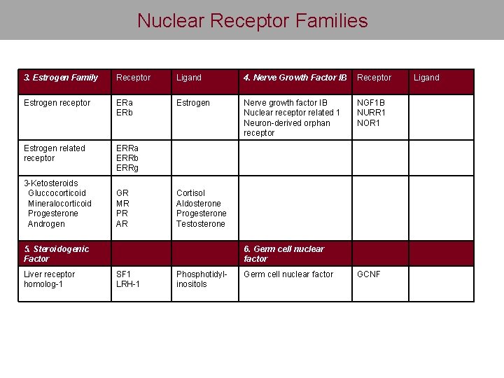 Nuclear Receptor Families 3. Estrogen Family Receptor Ligand 4. Nerve Growth Factor IB Receptor