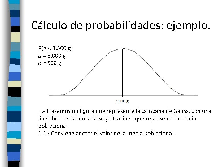 Cálculo de probabilidades: ejemplo. P(X < 3, 500 g) µ = 3, 000 g