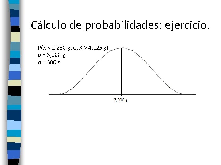 Cálculo de probabilidades: ejercicio. P(X < 2, 250 g, o, X > 4, 125