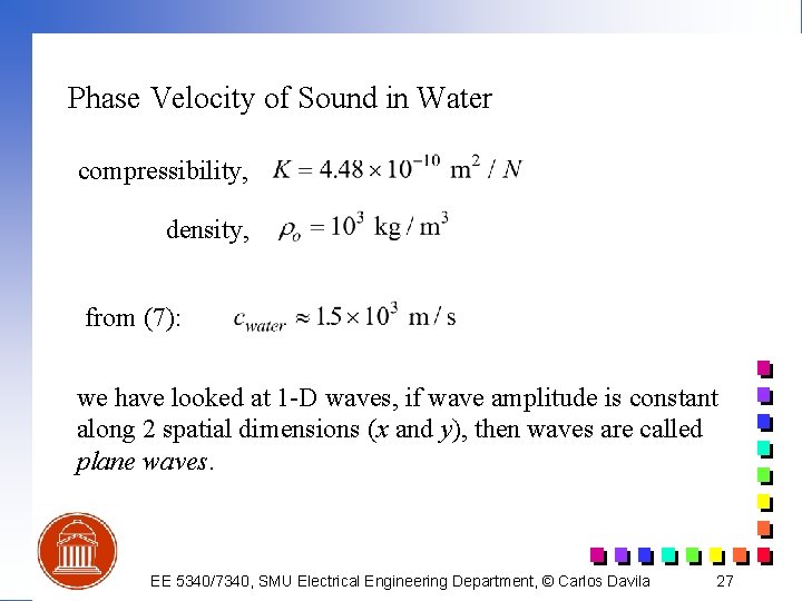 Phase Velocity of Sound in Water compressibility, density, from (7): we have looked at