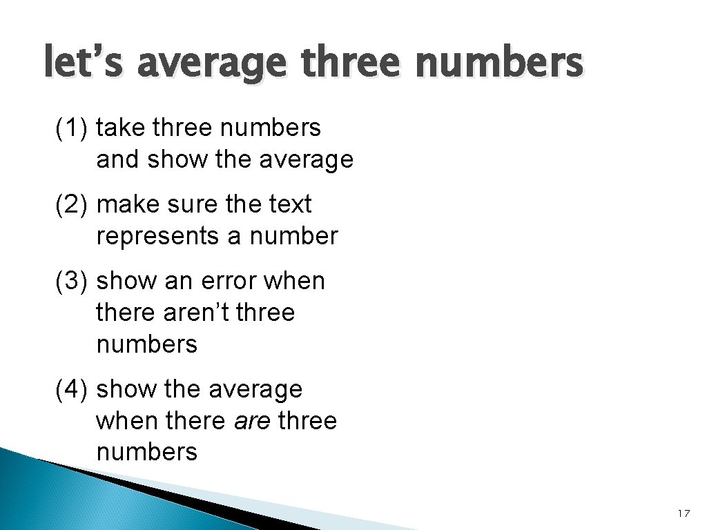 let’s average three numbers (1) take three numbers and show the average (2) make