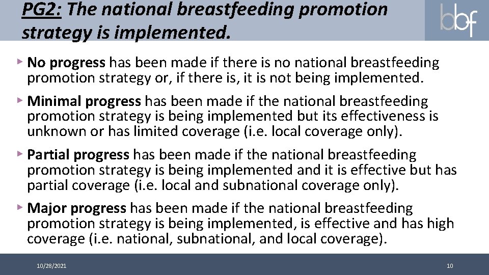 PG 2: The national breastfeeding promotion strategy is implemented. ▸ No progress has been