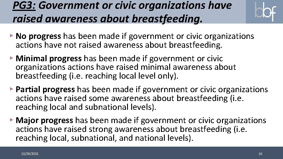 PG 3: Government or civic organizations have raised awareness about breastfeeding. ▸ No progress