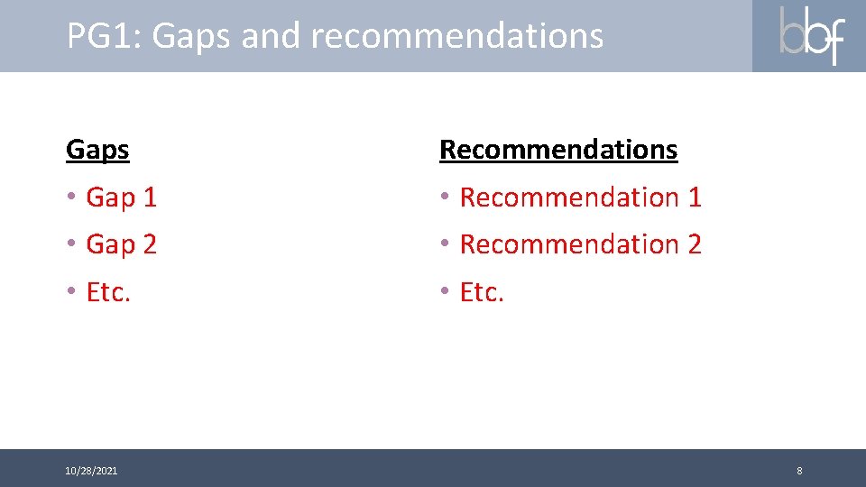 PG 1: Gaps and recommendations Gaps Recommendations • Gap 1 • Recommendation 1 •