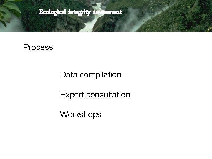 Ecological integrity assessment Process Data compilation Expert consultation Workshops 