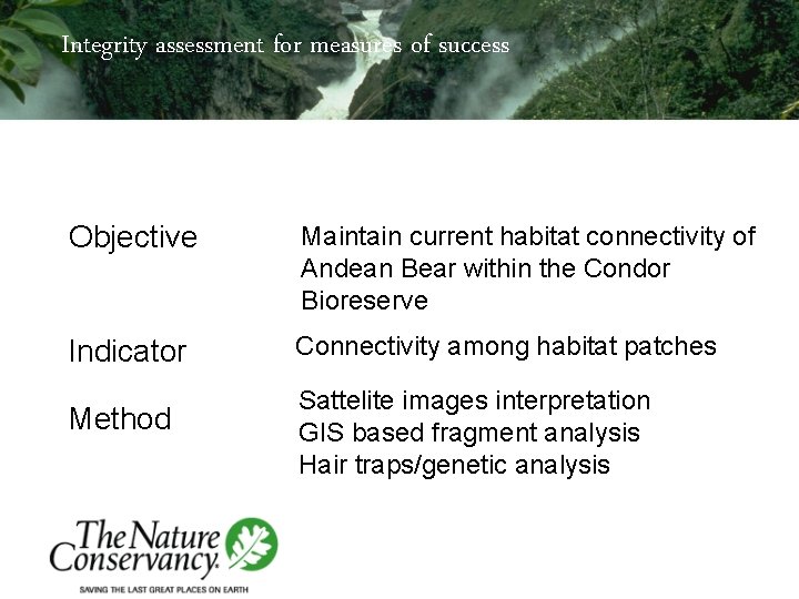 Integrity assessment for measures of success Objective Maintain current habitat connectivity of Andean Bear
