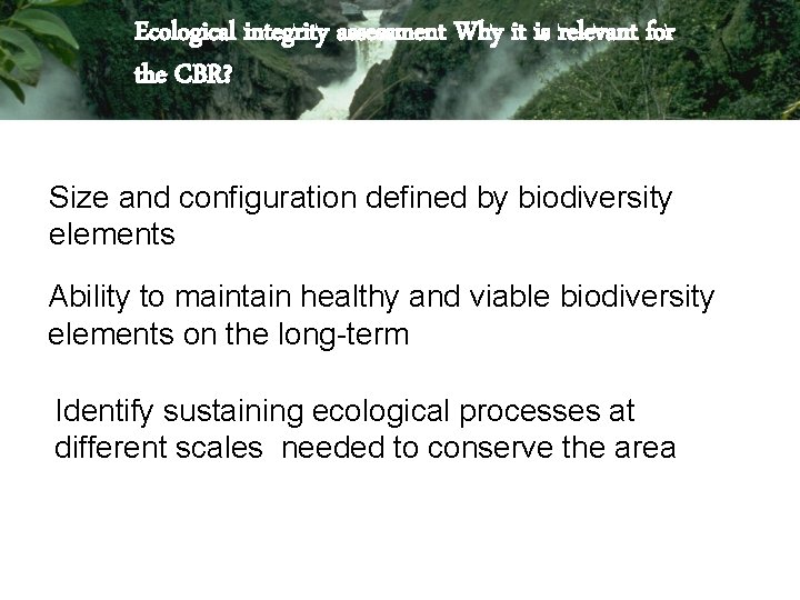 Ecological integrity assessment Why it is relevant for the CBR? Size and configuration defined