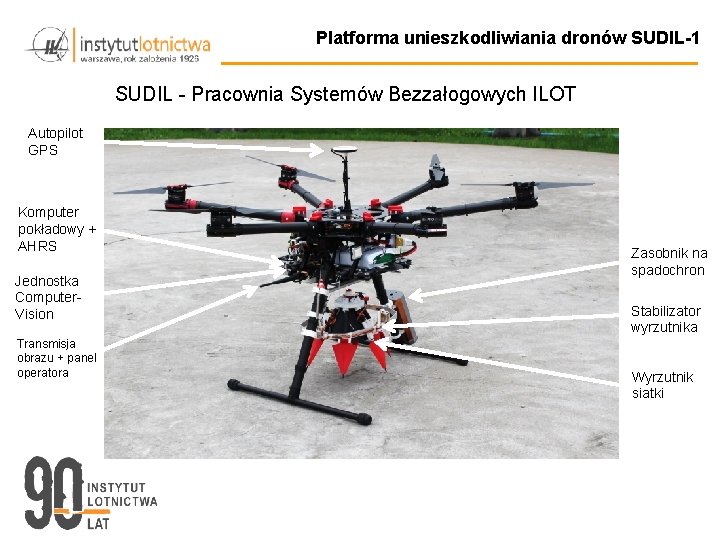 Platforma unieszkodliwiania dronów SUDIL-1 SUDIL - Pracownia Systemów Bezzałogowych ILOT Autopilot GPS Komputer pokładowy