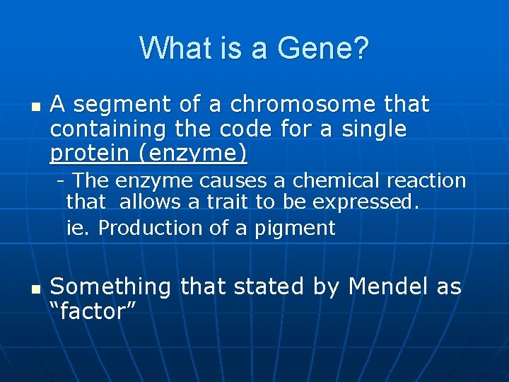 What is a Gene? n A segment of a chromosome that containing the code