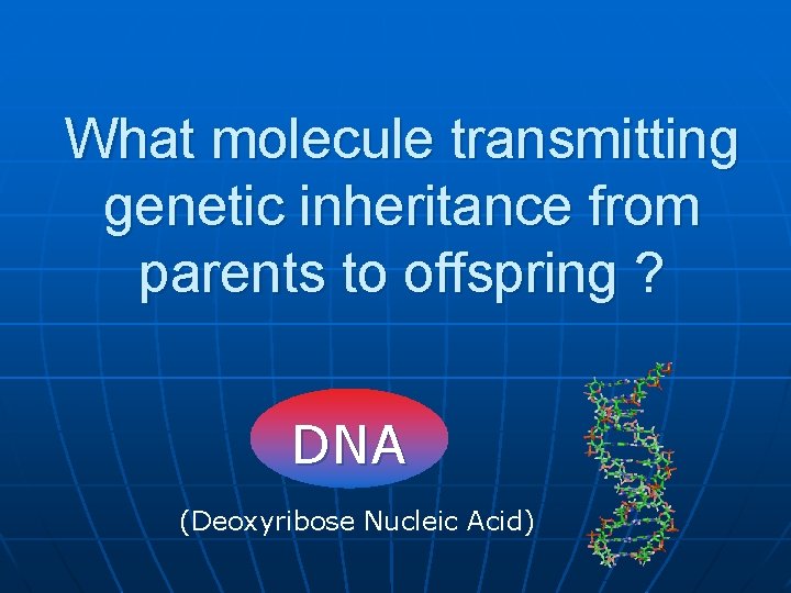 What molecule transmitting genetic inheritance from parents to offspring ? DNA (Deoxyribose Nucleic Acid)