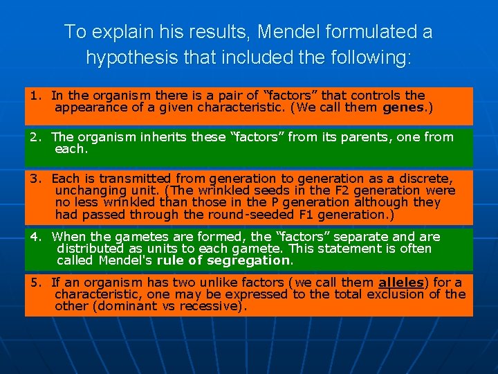 To explain his results, Mendel formulated a hypothesis that included the following: 1. In