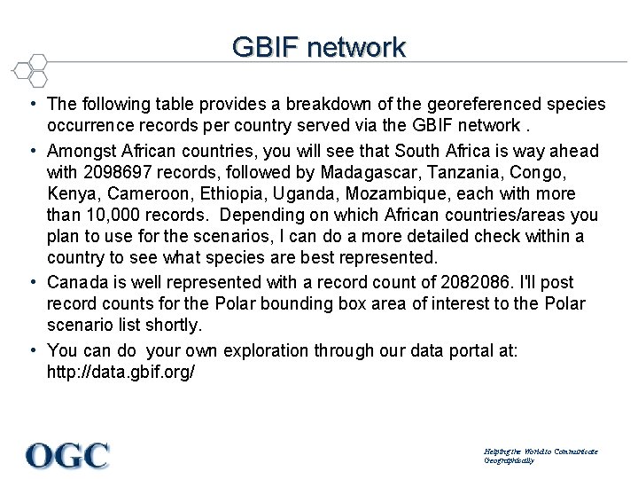 GBIF network • The following table provides a breakdown of the georeferenced species occurrence