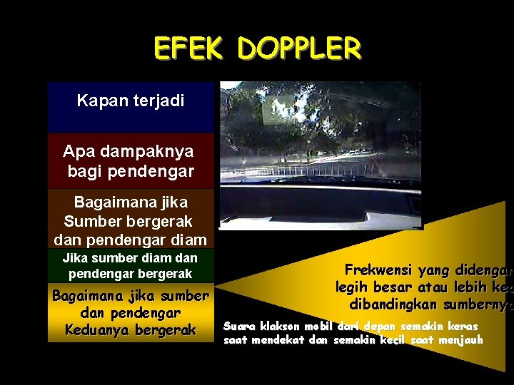 EFEK DOPPLER Kapan terjadi Apa dampaknya bagi pendengar Bagaimana jika Sumber bergerak dan pendengar