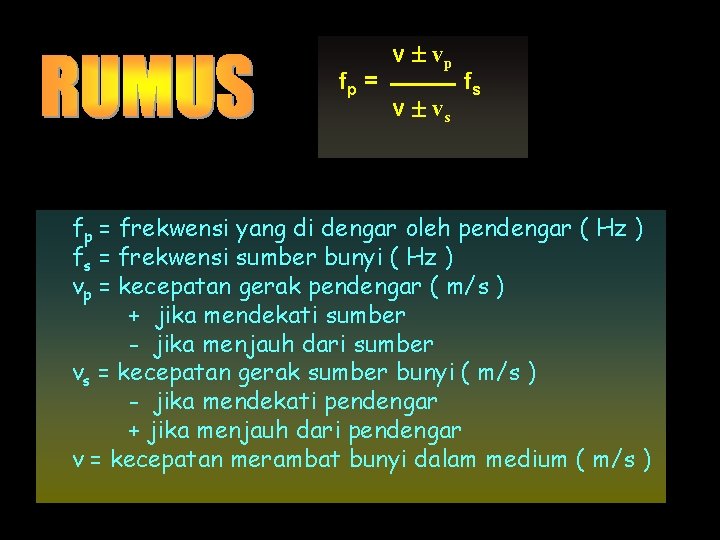 fp = v ± vp v ± vs fs fp = frekwensi yang di