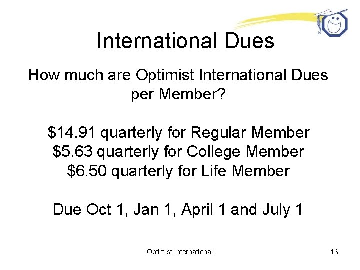 International Dues How much are Optimist International Dues per Member? $14. 91 quarterly for