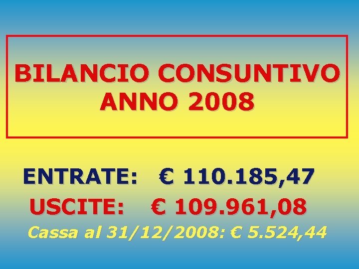 BILANCIO CONSUNTIVO ANNO 2008 ENTRATE: € 110. 185, 47 USCITE: € 109. 961, 08